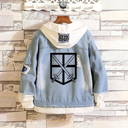 2023 Attack on Titan Jeans Jacket Scout Regiment Cosplay Denim Jacket Autumn Eren Jager Hooded Sweatshirt Outwear Coat
