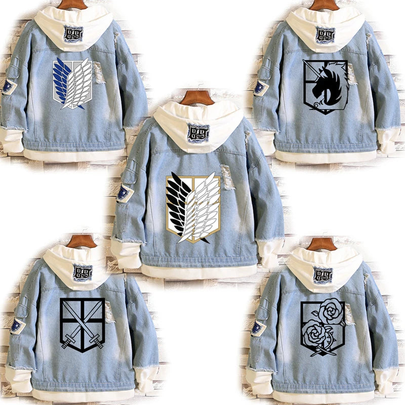 Attack on Titan: Jeans Jacket Scout Regiment Cosplay Denim Jacket Eren Jager Hooded Outwear Coat