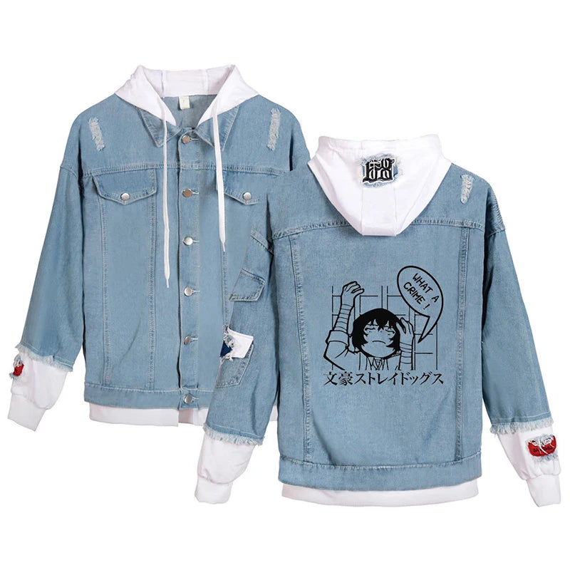 Bungo Stray Dogs: Denim Jacket Long Sleeve Fake Two Pieces Jean-Jackets Unisex Sports Hoodies Streetwear