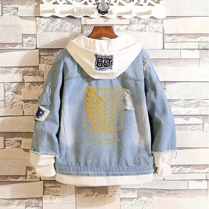 2023 Attack on Titan Jeans Jacket Scout Regiment Cosplay Denim Jacket Autumn Eren Jager Hooded Sweatshirt Outwear Coat