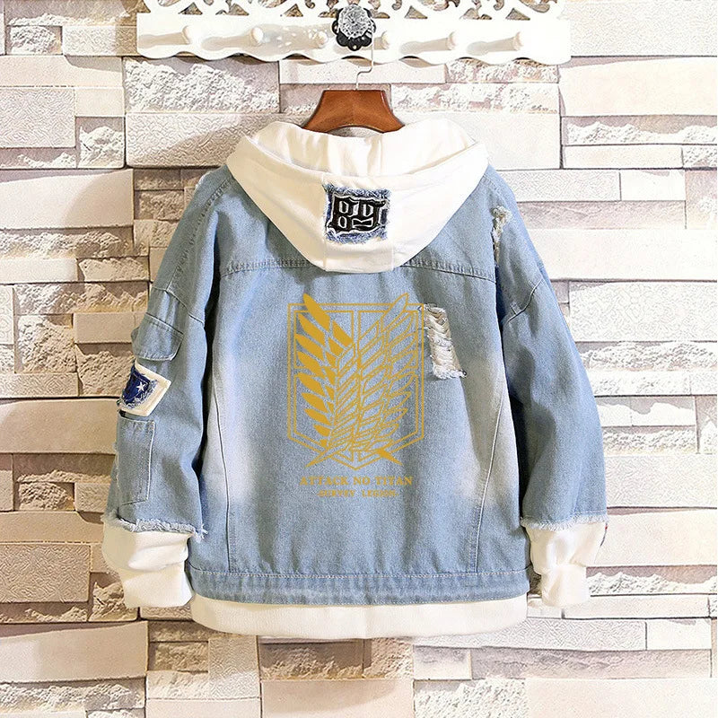2023 Attack on Titan Jeans Jacket Scout Regiment Cosplay Denim Jacket Autumn Eren Jager Hooded Sweatshirt Outwear Coat