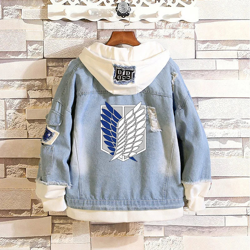 2023 Attack on Titan Jeans Jacket Scout Regiment Cosplay Denim Jacket Autumn Eren Jager Hooded Sweatshirt Outwear Coat