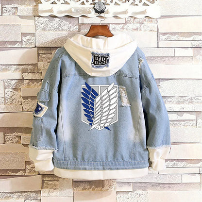 2023 Attack on Titan Jeans Jacket Scout Regiment Cosplay Denim Jacket Autumn Eren Jager Hooded Sweatshirt Outwear Coat