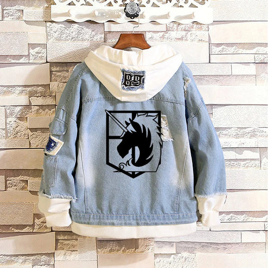2023 Attack on Titan Jeans Jacket Scout Regiment Cosplay Denim Jacket Autumn Eren Jager Hooded Sweatshirt Outwear Coat