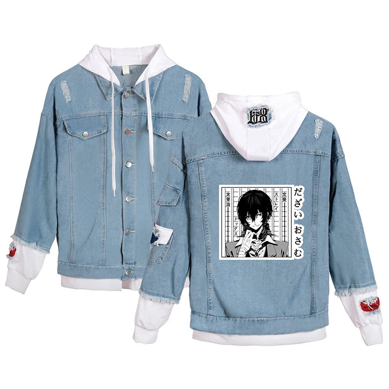 Bungo Stray Dogs: Denim Jacket Long Sleeve Fake Two Pieces Jean-Jackets Unisex Sports Hoodies Streetwear