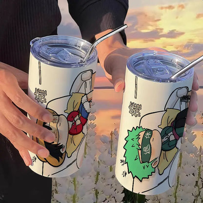 One Piece: Luffy Roronoa Zoro Coffee Cups with Straw Kawaii Cartoon Anime Nami Portgas D Ace Portable Stainless Steel Thermos Cup