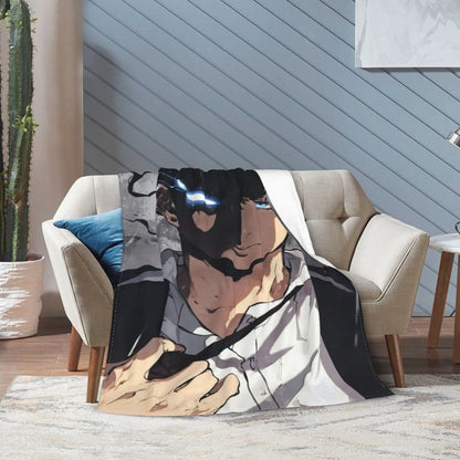 Solo Leveling: Printed Flannel Warm Anime Soft Blanket Bold Black and White Design For Sofa Living Room Office Season Travel Gift