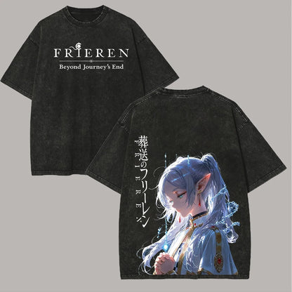 Frieren: Beyond Journey's End -- T-shirt Men's Unisex Clothing Washed Oversized T Shirt High Quality Cotton Tees Tops
