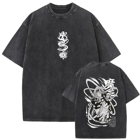 Demon Slayer: Washed Vintage Anime Akaza Graphic T-shirts Men Women Clothing Cotton Oversized Short Sleeve T Shirts Streetwear