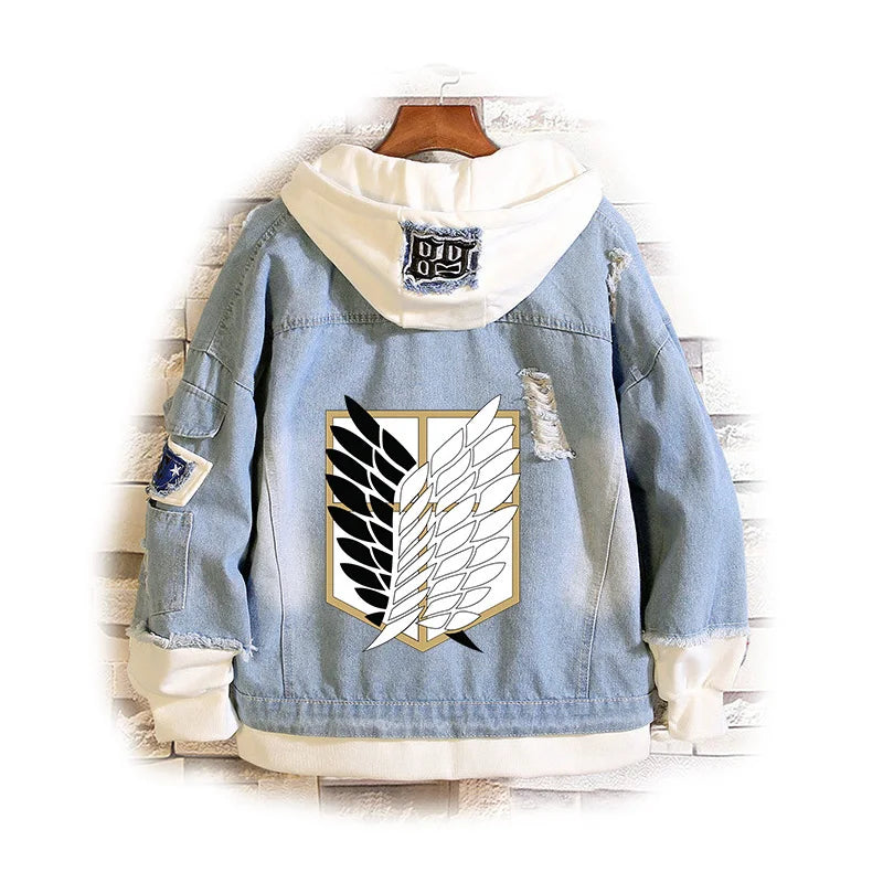 Attack on Titan: Jeans Jacket Scout Regiment Cosplay Denim Jacket Eren Jager Hooded Outwear Coat