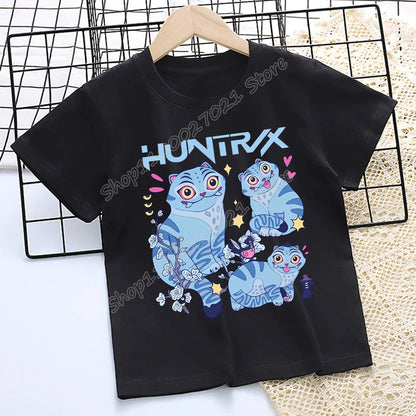 KPop Demon Hunters: T-shirt for Children Cartoon Black Tee Top Girls Round Collar Short Sleeve Clothes Kids Summer Clothing Gift