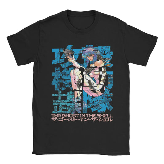 Ghost in the Shell: Major & Japanese Text Print T-Shirt Oversized Black Streetwear Cotton Tee Anime Sci-Fi Aesthetic