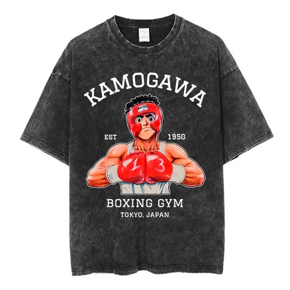 Anime Ippo Makunouchi Manga Graphic Print T-shirt Retro Washed Cotton Oversized Men Women Summer Harajuku Fashion Casual New Tee