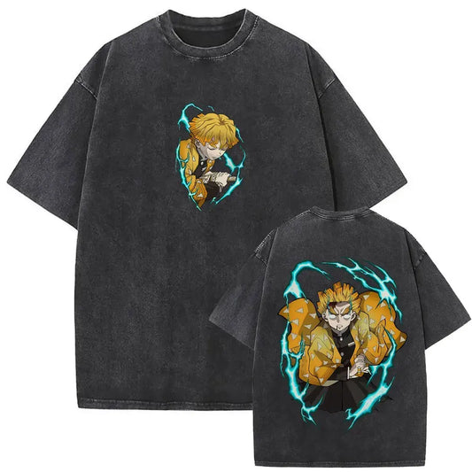Demon Slayer: Washed Vintage Anime Akaza Graphic T-shirts Men Women Clothing Cotton Oversized Short Sleeve T Shirts Streetwear