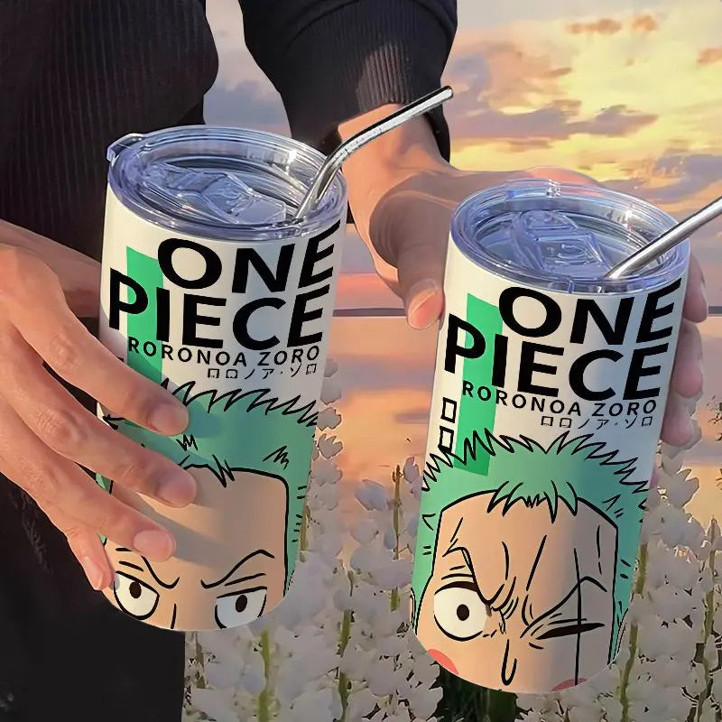 One Piece: Luffy Roronoa Zoro Coffee Cups with Straw Kawaii Cartoon Anime Nami Portgas D Ace Portable Stainless Steel Thermos Cup