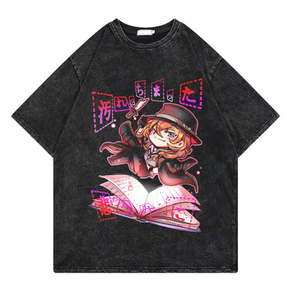 Bungo Stray Dogs: Vintage Washed Tshirt Loose Y2k Streetwear Print Casual 100% Cotton Harajuku Cool Tops Tees For Men Women