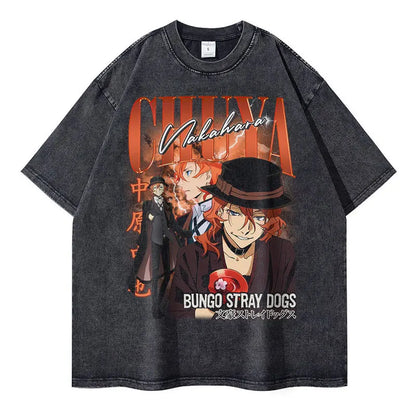 Bungo Stray Dogs: Nakahara Chuuya T-shirt Vintage Washed  Oversized Streetwear Dazai Osamu Atsushi Retro Tops Tees