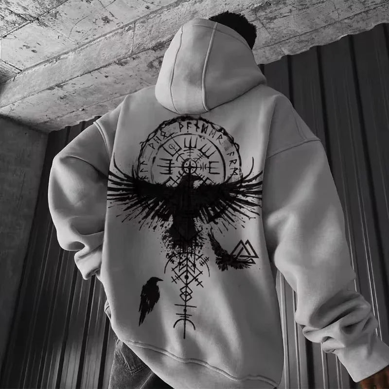 I.L.F.A. - Totem Viking Eagle Print Y2K Men Long-sleeve Hooded Sweatshirt Autumn Winter Daily Outdoor Casual Street Fashion Sportswear