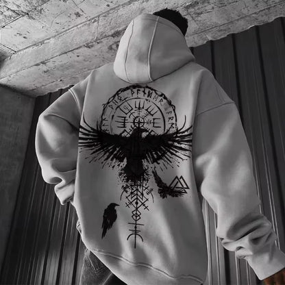 I.L.F.A. - Totem Viking Eagle Print Y2K Men Long-sleeve Hooded Sweatshirt Autumn Winter Daily Outdoor Casual Street Fashion Sportswear