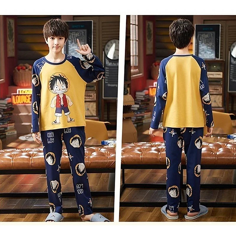 One Piece: Luffy Cute Cartoon Kids Pajamas Suit 3-14 Y Boys Autumn Thin Long Sleeves Home Clothes Sleepwear Set Kids Gift