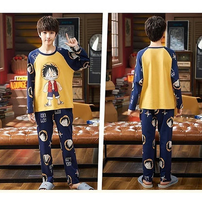 One Piece: Luffy Cute Cartoon Kids Pajamas Suit 3-14 Y Boys Autumn Thin Long Sleeves Home Clothes Sleepwear Set Kids Gift