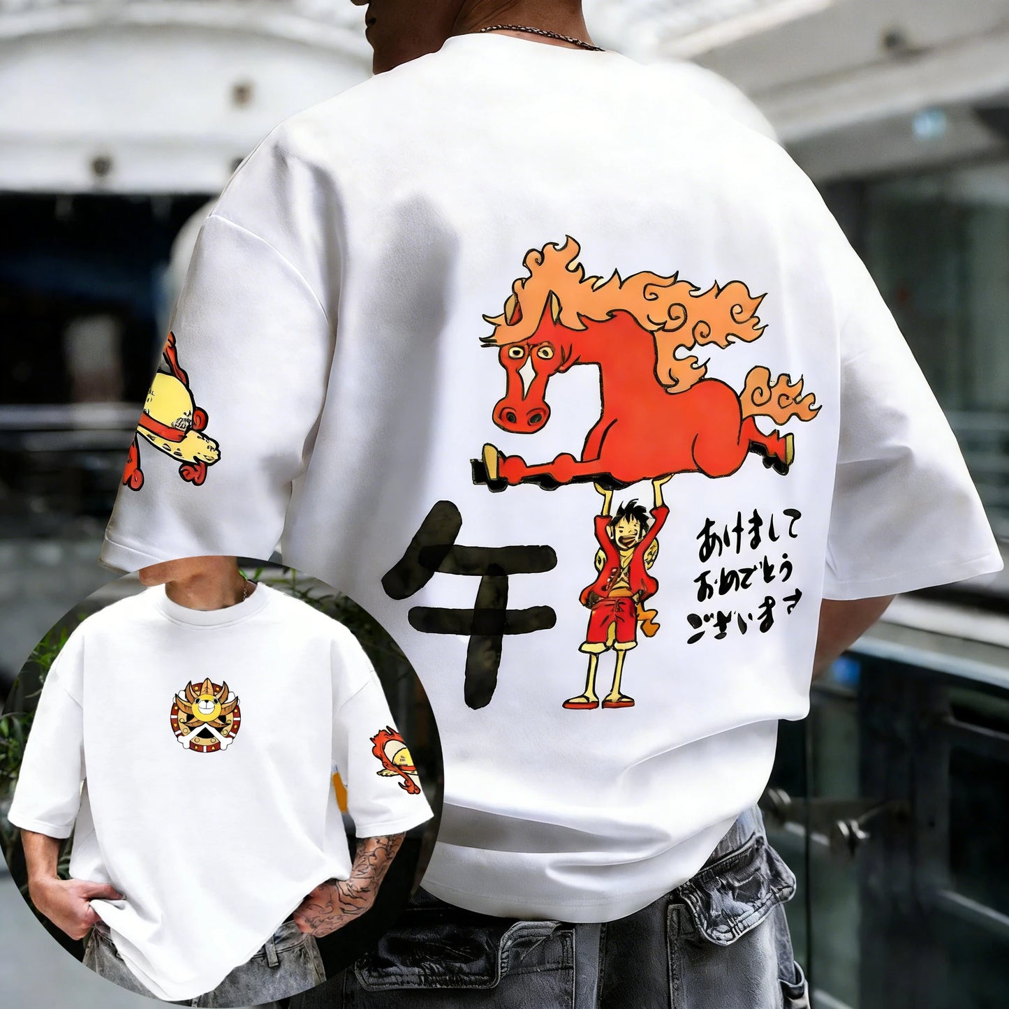 One Piece: Anime Printed Luffy Surrounding Round Neck Short Sleeve 2026 Spring/Summer Men's Loose Breathable Cotton T-shirt