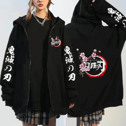 Demon Slayer Pattern Printed Sweatshirt Autumn/Winter Warm Long Sleeve Coat - Women's Fashion Zipper Sweater Hoodie