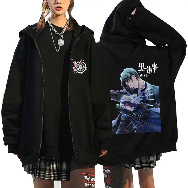 Anime Black Butler Michaelis Sebastian Phantomhive Ciel Print Hooded Men Women Hoodies Casual Sweatshirt Harajuku Zipper Jacket