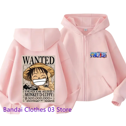 One Piece: (KIDS) Zipper Hoodie Cartoon Luffy Print Autumn/Winter Long-sleeved Sweatshirt Boys And Girl Casual Jacket Top