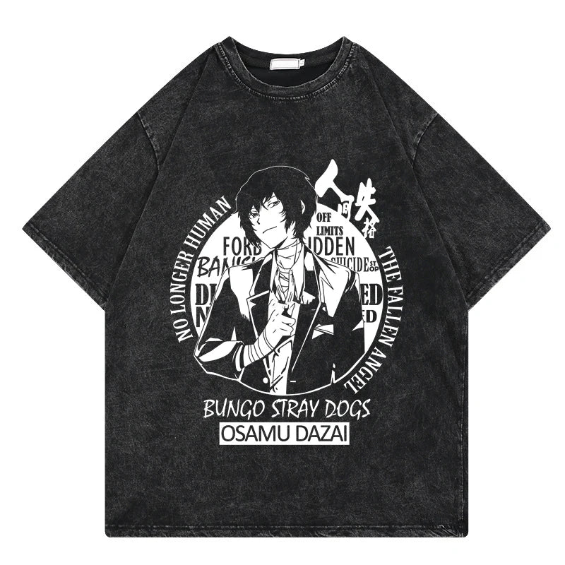 Bungo Stray Dogs: Vintage Washed Tshirt Loose Y2k Streetwear Print Casual 100% Cotton Harajuku Cool Tops Tees For Men Women