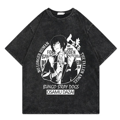 Bungo Stray Dogs: Vintage Washed Tshirt Loose Y2k Streetwear Print Casual 100% Cotton Harajuku Cool Tops Tees For Men Women