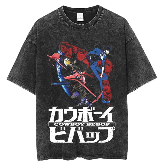 Cowboy Bebop: Vintage Washed T-Shirt Denim Harajuku Cotton Fashion Streetwear Neutral Top  Harajuku  Oversized T Shirt