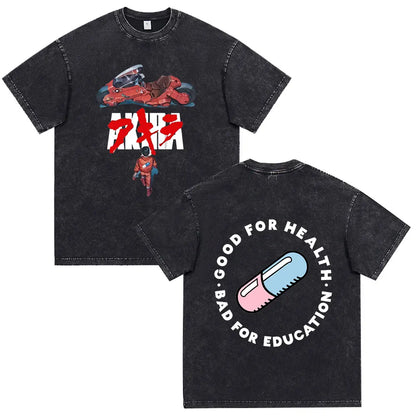 Akira: Washed Vintage T Shirt Science Fiction Cartoon Movie Shotaro Kaneda T-shirt Cotton Casual T-shirt