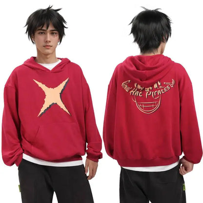 One Piece: DAZCOS Luffy Red Hoodie Polyester Luffy Printed Hoodie Cosplay Men Red Hoodie Pullover Costume with Pocket Daily Casual Wear