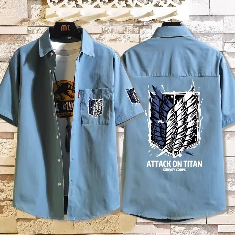 Attack on Titan: Casual Short Sleeve Shirt Loose Unisex Button Print Pattern Top