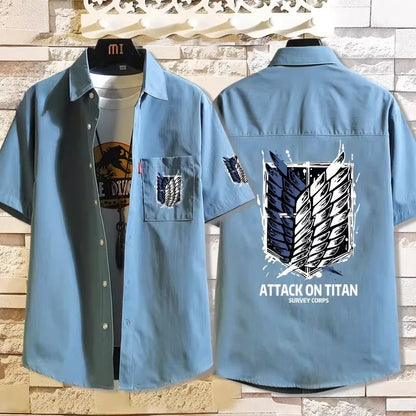 Attack on Titan: Casual Short Sleeve Shirt Loose Unisex Button Print Pattern Top