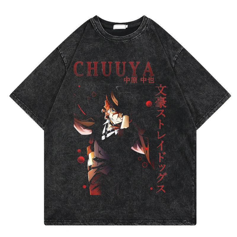 Bungo Stray Dogs: Vintage Washed Tshirt Loose Y2k Streetwear Print Casual 100% Cotton Harajuku Cool Tops Tees For Men Women