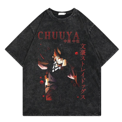 Bungo Stray Dogs: Vintage Washed Tshirt Loose Y2k Streetwear Print Casual 100% Cotton Harajuku Cool Tops Tees For Men Women
