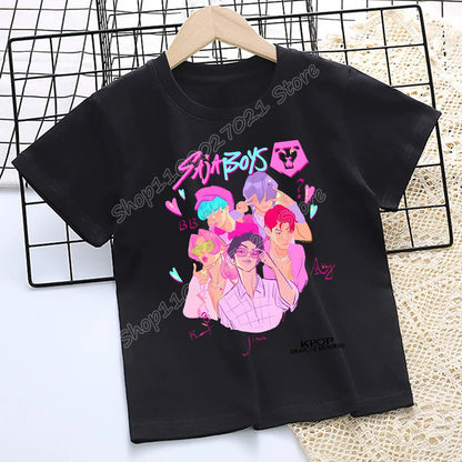 KPop Demon Hunters: T-shirt for Children Cartoon Black Tee Top Girls Round Collar Short Sleeve Clothes Kids Summer Clothing Gift