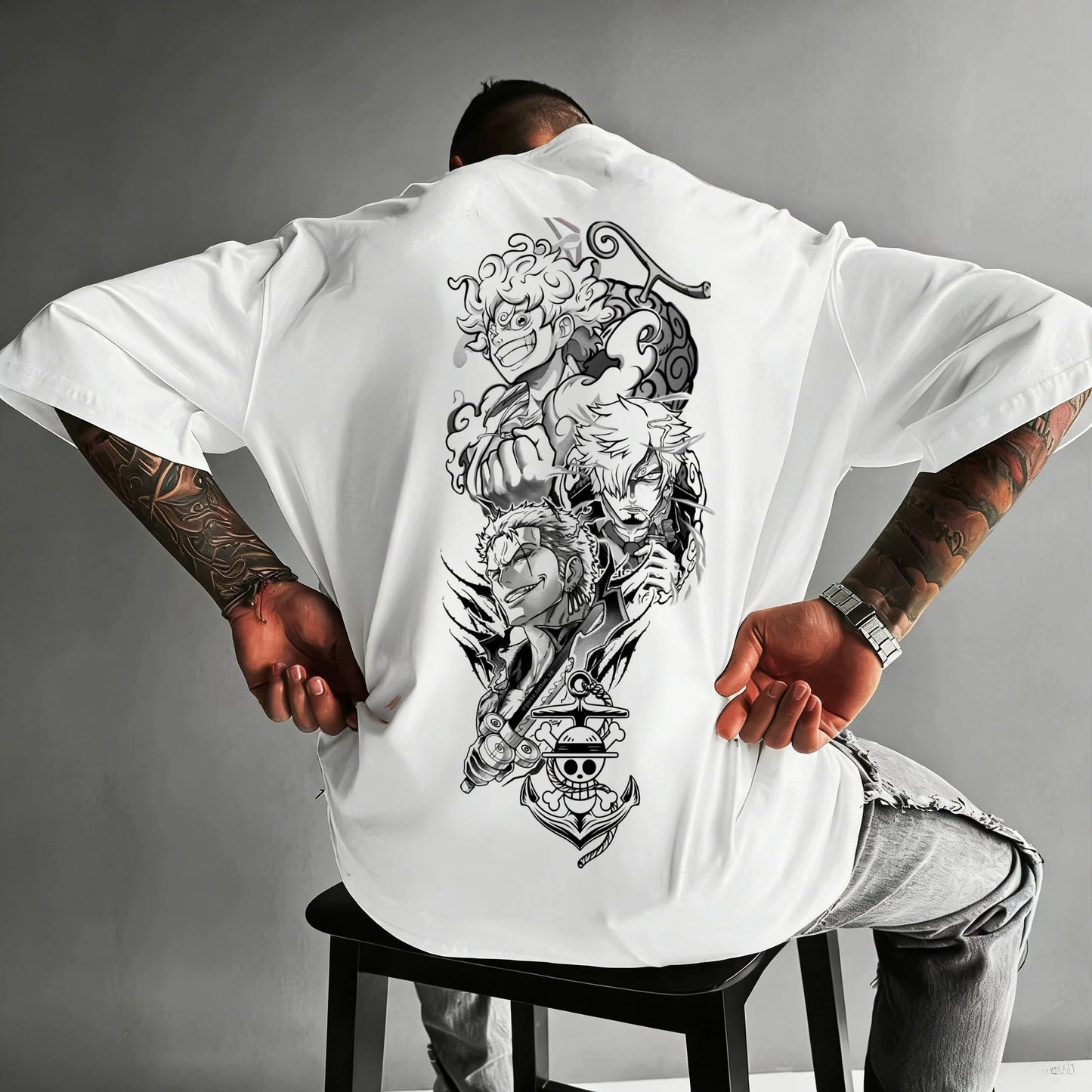 New Men's One Piece Print T-Shirt, Harajuku Style, 100% Cotton, Roronoa Zoro and Luffy Print, Loose Fit Short Sleeve
