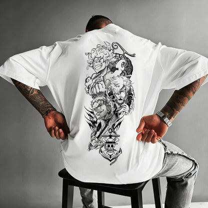 New Men's One Piece Print T-Shirt, Harajuku Style, 100% Cotton, Roronoa Zoro and Luffy Print, Loose Fit Short Sleeve