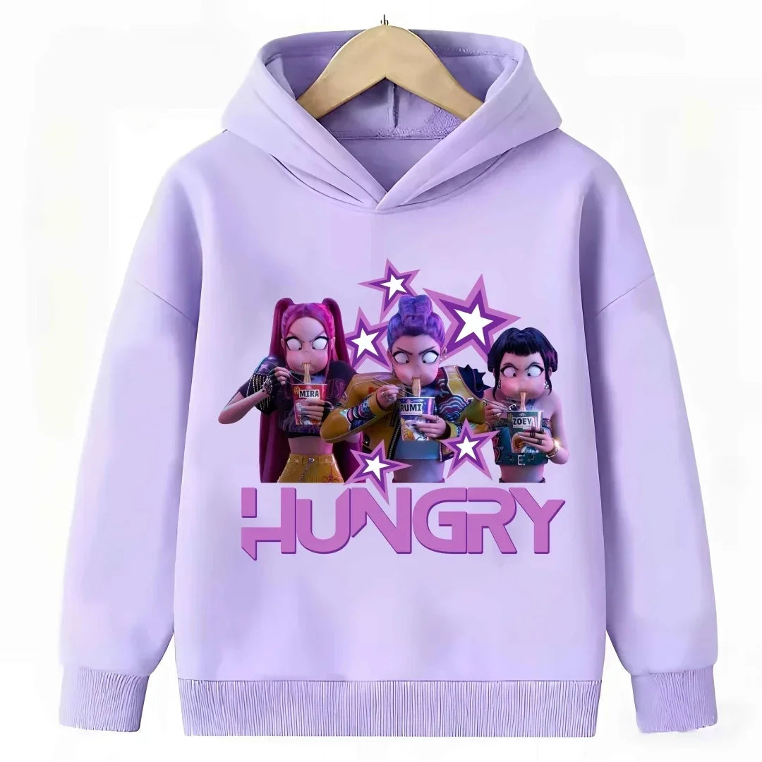 KPop Demon Hunters: Hoodie Kids Boys Girls Purple Warm Casual Loose Sweatshirt Children Fashion Streetwear Tops