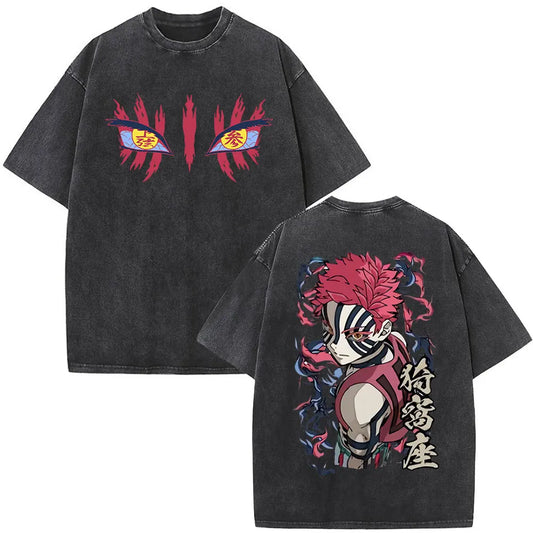 Demon Slayer: Washed Vintage Anime Akaza Graphic T-shirts Men Women Clothing Cotton Oversized Short Sleeve T Shirts Streetwear