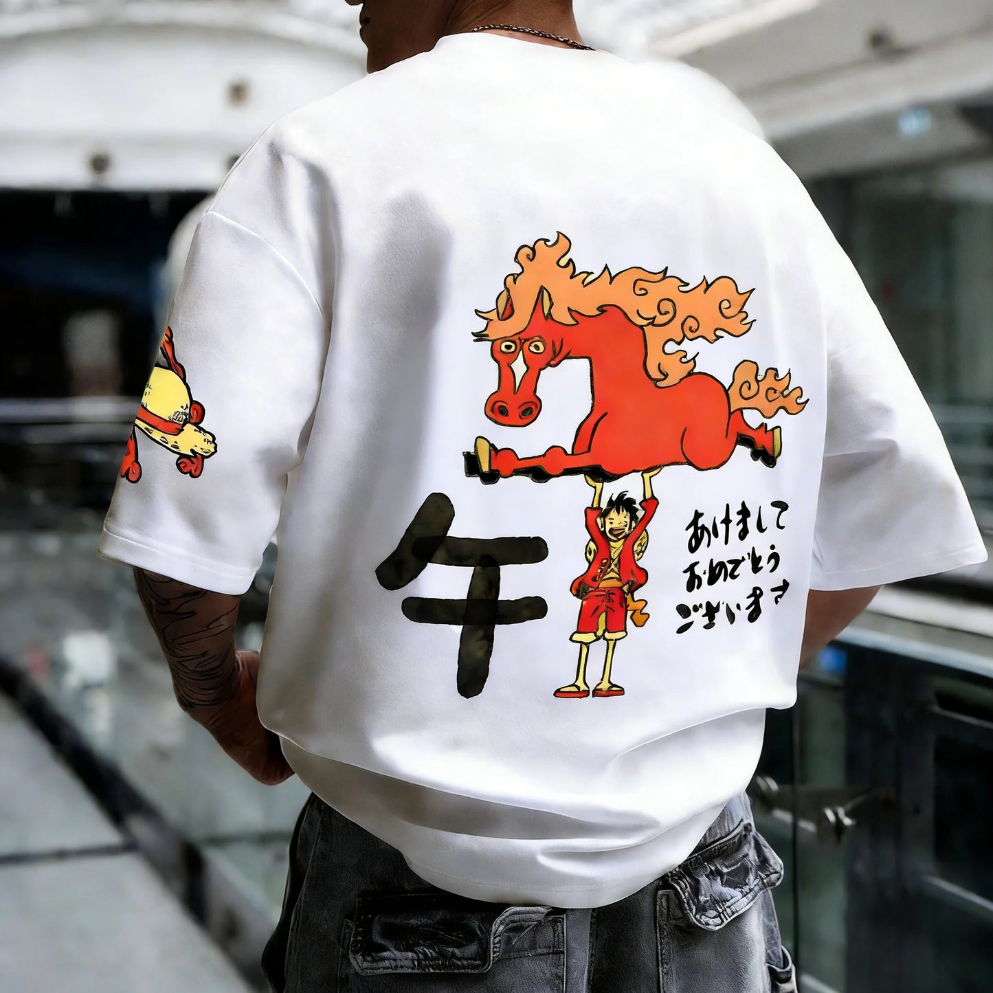 One Piece: Anime Printed Luffy Surrounding Round Neck Short Sleeve 2026 Spring/Summer Men's Loose Breathable Cotton T-shirt