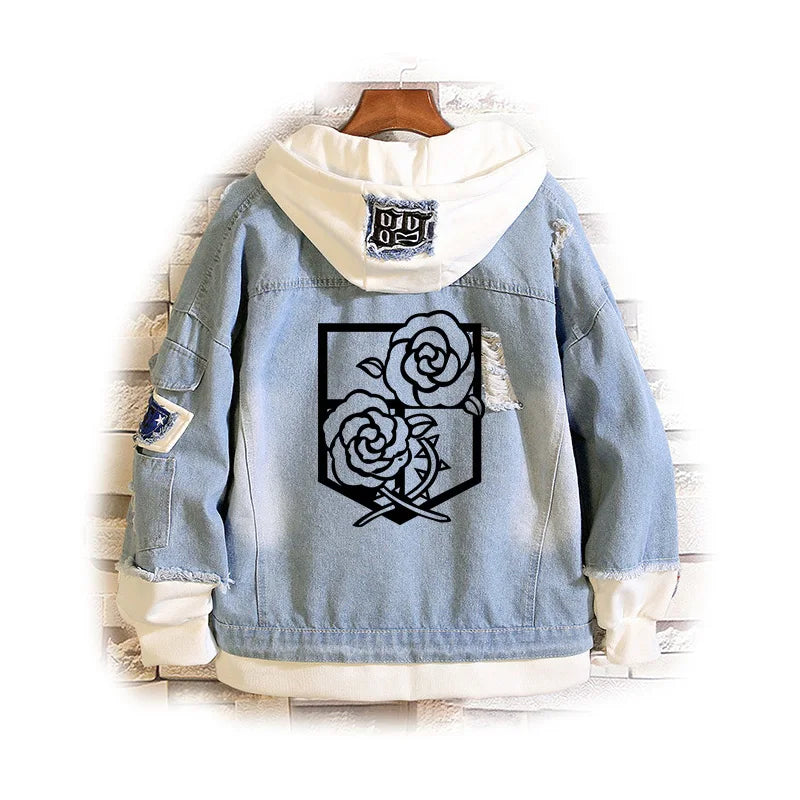 Attack on Titan: Jeans Jacket Scout Regiment Cosplay Denim Jacket Eren Jager Hooded Outwear Coat