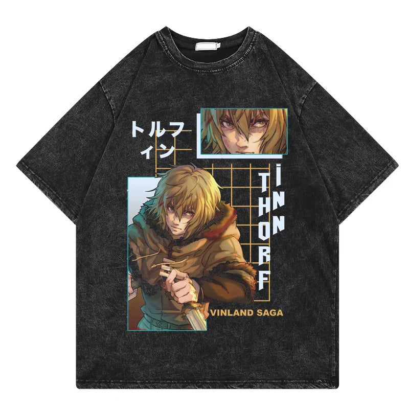 Vinland Saga: Vintage Washed Tshirt Graphic Print Hip Hop Streetwear Loose Y2k Summer Short Sleeve Harajuku 100% Cotton Top