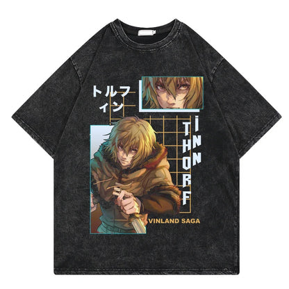 Vinland Saga: Vintage Washed Tshirt Graphic Print Hip Hop Streetwear Loose Y2k Summer Short Sleeve Harajuku 100% Cotton Top