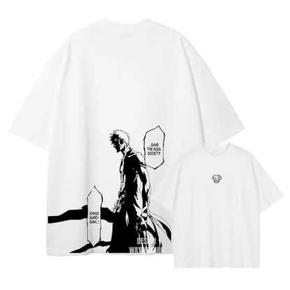 Bleach: Zaraki Kenpachi T Shirts Oversized Vintage Washed  T-shirt Manga Kurosaki Ichigo T Shirt Renji Uryuu Tops Tees Man