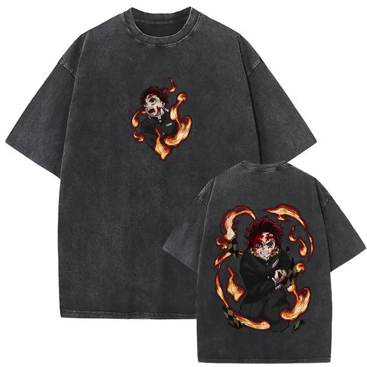 Demon Slayer: Washed Vintage Anime Akaza Graphic T-shirts Men Women Clothing Cotton Oversized Short Sleeve T Shirts Streetwear
