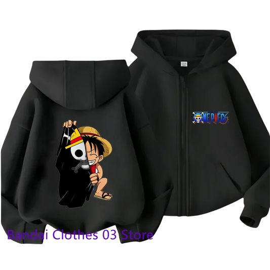 One Piece: (KIDS) Zipper Hoodie Cartoon Luffy Print Autumn/Winter Long-sleeved Sweatshirt Boys And Girl Casual Jacket Top